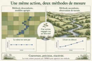 Planche comparative en deux volets. À gauche, une vallée réduite à une grille de cellules uniformes et un indicateur qui reste plat dans le temps. À droite, la même vallée observée dans son détail et un indicateur qui progresse.