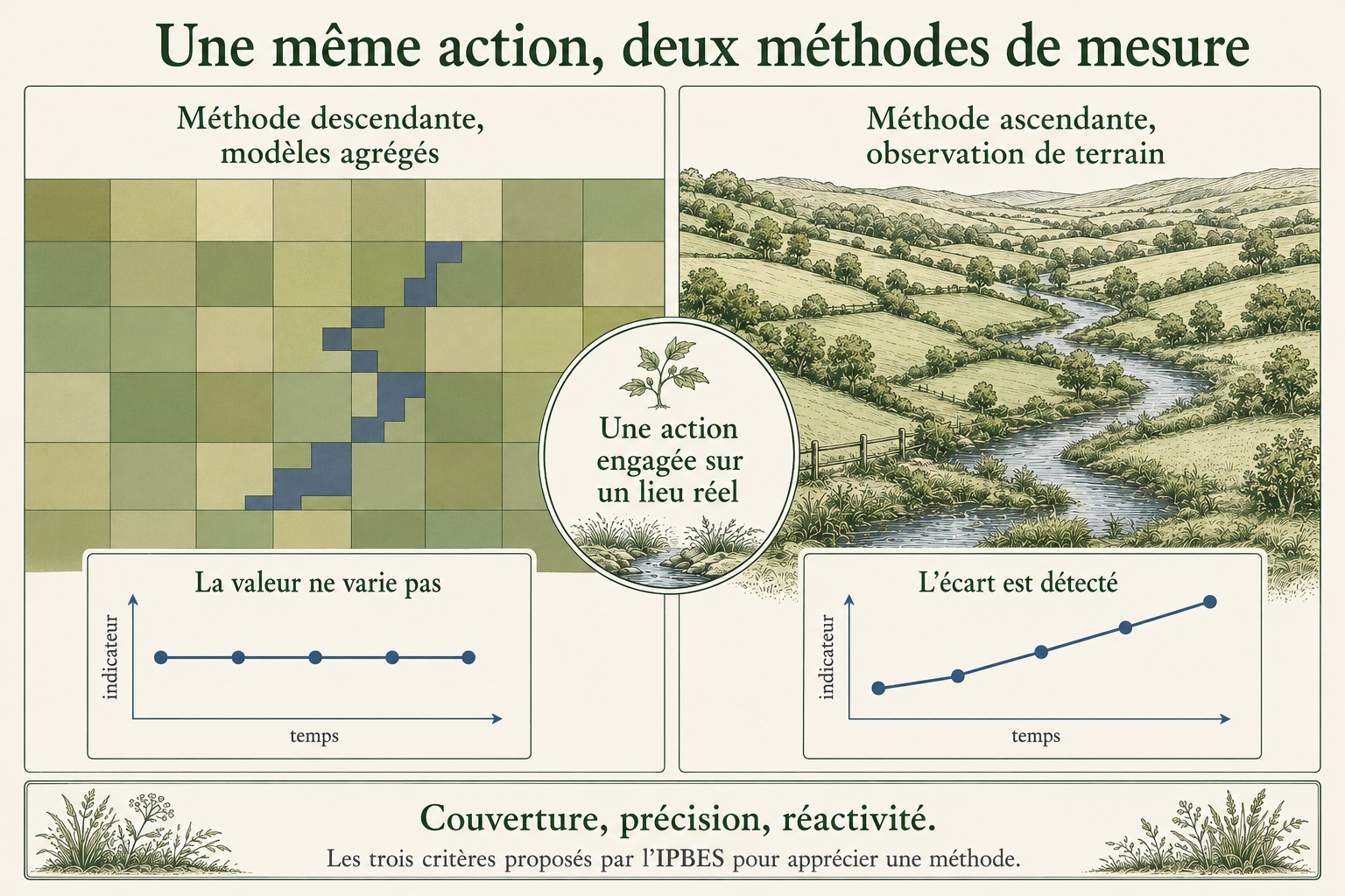 Planche comparative en deux volets. À gauche, une vallée réduite à une grille de cellules uniformes et un indicateur qui reste plat dans le temps. À droite, la même vallée observée dans son détail et un indicateur qui progresse.