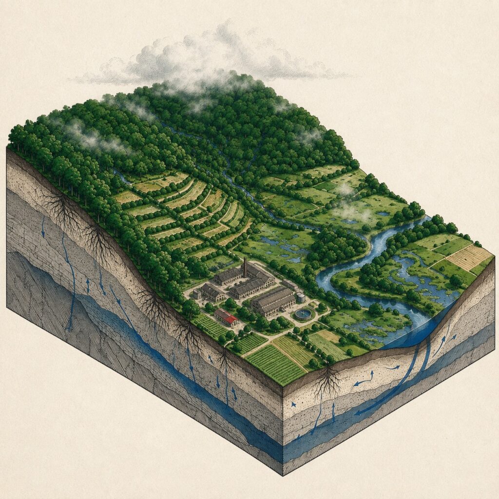 Bloc-diagramme gravé d'un bassin versant. La coupe révèle les horizons du sol, l'enracinement et la nappe. En surface, forêt de tête de bassin, versants cultivés, prairies humides et rivière à méandres. Des brumes s'élèvent du couvert forestier.