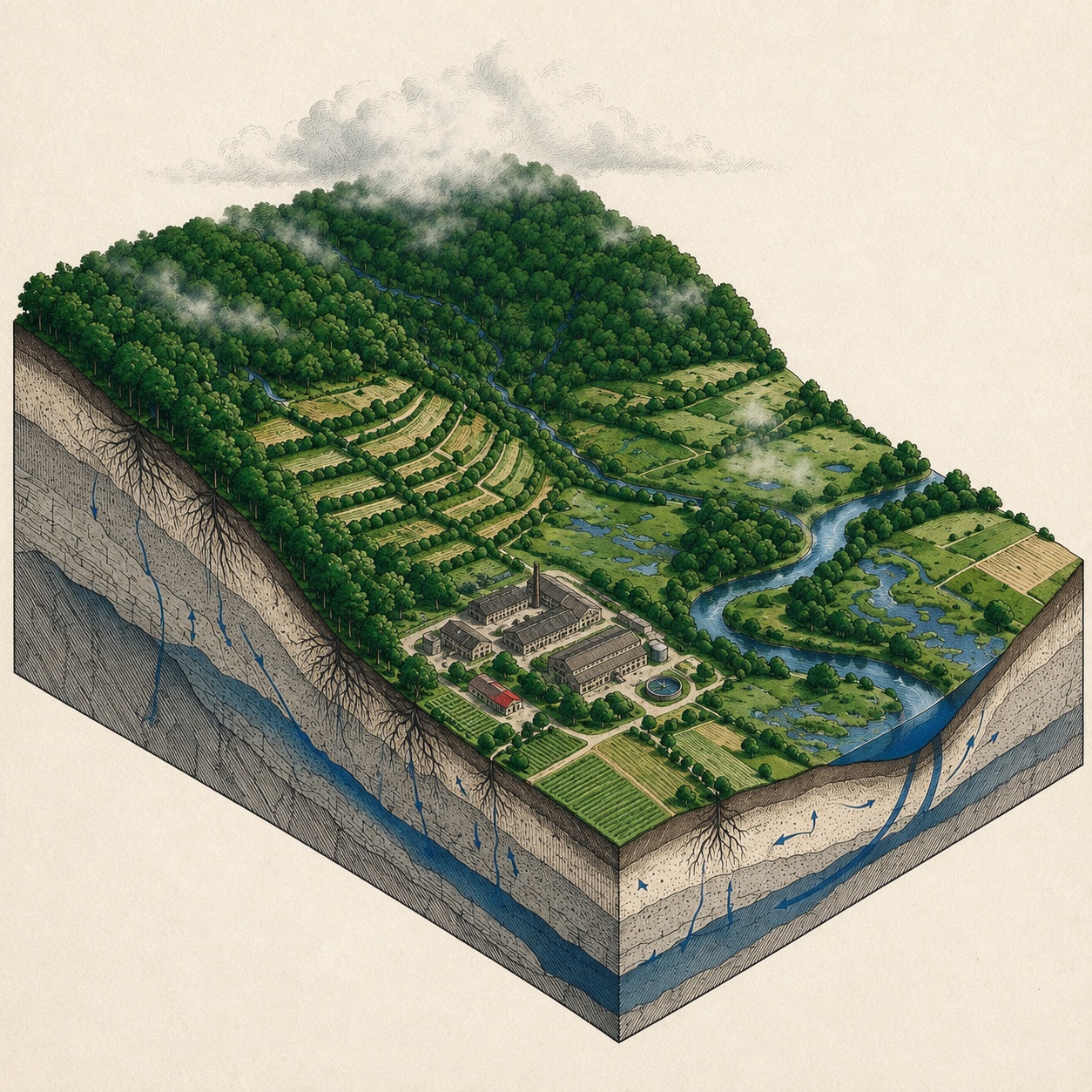 Bloc-diagramme gravé d'un bassin versant. La coupe révèle les horizons du sol, l'enracinement et la nappe. En surface, forêt de tête de bassin, versants cultivés, prairies humides et rivière à méandres. Des brumes s'élèvent du couvert forestier.