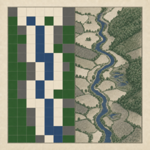 Planche en deux volets. À gauche, un fond de vallée réduit à une grille de cellules uniformes. À droite, le même lieu gravé dans son détail : rivière et ripisylve, haies, bosquets, zones humides, parcelles irrégulières.