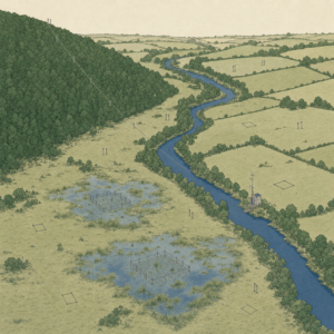 Planche naturaliste d'une vallée. Un réseau discret de dispositifs d'observation y est installé : placettes d'échantillonnage, piquets repères, transect depuis le versant boisé, station de suivi en bord de rivière, enclos en zone humide.