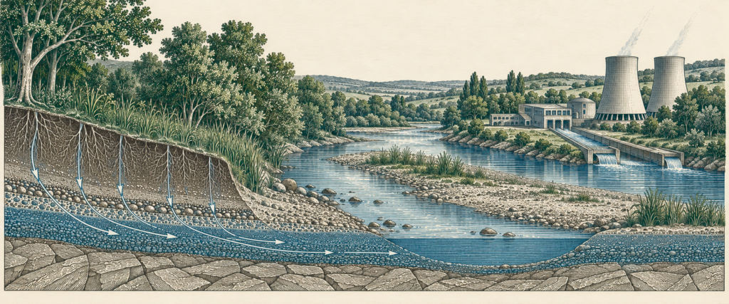 Coupe gravée d'un tronçon de rivière en étiage. Sur une rive, une centrale électrique raccordée au cours d'eau par un canal d'amenée. Sur l'autre, la coupe du sol montre la nappe alimentant la rivière.