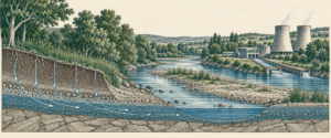 Coupe gravée d'un tronçon de rivière en étiage. Sur une rive, une centrale électrique raccordée au cours d'eau par un canal d'amenée. Sur l'autre, la coupe du sol montre la nappe alimentant la rivière.