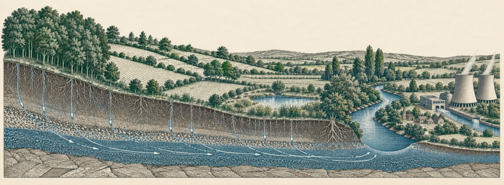 Bloc-diagramme gravé d'un bassin versant en fin d'été. La coupe révèle les horizons du sol, l'enracinement et la nappe. En surface, forêt de tête de bassin, versants bocagers, prairies humides et rivière à méandres.