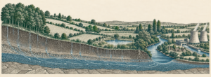 Bloc-diagramme gravé d'un bassin versant en fin d'été. La coupe révèle les horizons du sol, l'enracinement et la nappe. En surface, forêt de tête de bassin, versants bocagers, prairies humides et rivière à méandres.